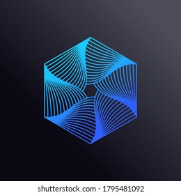 Colored swirling lines hexagon shape. Vector twisted wireframe geometric element. Abstract symbol consisting of hexagons. Technology graphic spiral.