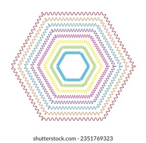 Colored swirling lines hexagon shape. Vector twisted wireframe geometric element. Abstract symbol consisting of hexagons. Technology graphic spiral.