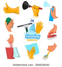 Colored symbols for cleaning service. Hands holding different tools. Vector wash tool equipment in hand illustration