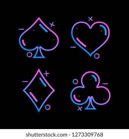 Colored symbols deck of cards for playing poker and casino on black background. Vector illustration.