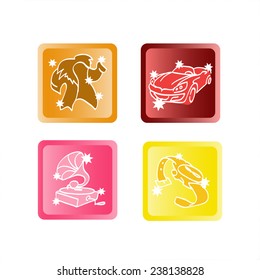Colored symbols travel. Submitted in orange, red, pink and yellow. In the square with rounding edges.