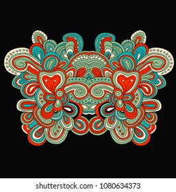 Colored symmetrical lined pattern with many details. Hand drawn tracery. Cinco de mayo. Ethnic background.