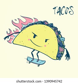 Colored taco on fire rides on a skateboard. Vector illustration in cartoon style