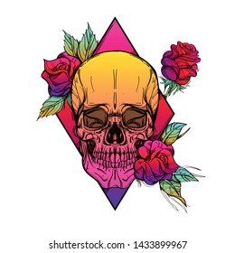 Colored tambourine skull with roses on a white background in cartoon style.