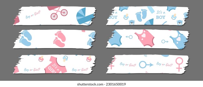 Colored tape sticker for gender parties, an element for creating a design, it's a girl, it's a boy. Vector illustration.