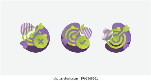 Colored target icon ,target invalid icon, target valid icon, modern style design, green purple colored icons, icon pack, organic shape icons, website icons, decorated