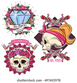 Colored tattoo set with female skull crossed daggers diamond and swallows floral decoration isolated vector illustration
