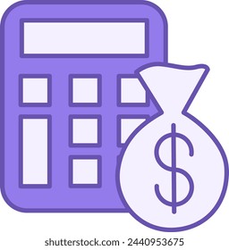 Icono de calculadora de impuestos coloreada. Icono vectorial de calculadora y bolsa de dinero. Pagos de impuestos. Concepto contable