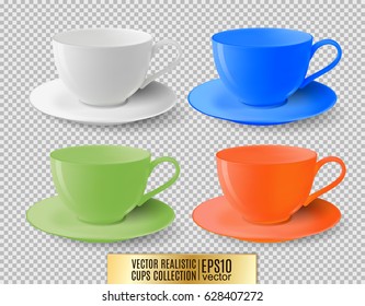 Colored tea cups on a transparent background. Realistic vector. Ceramic cup set.