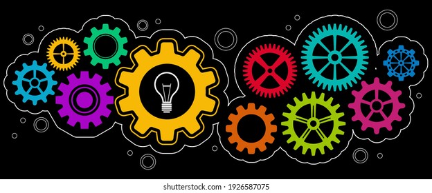 engranajes de trabajo de equipo coloreados con vector de bombilla de luz para sitio web y presentación