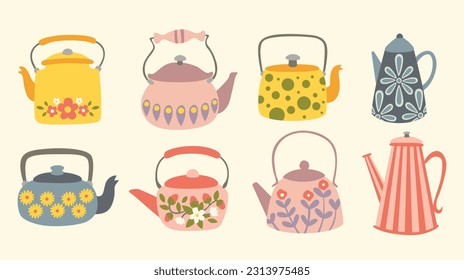 Colored teapot and kettle cartoon illustration set. Ceramic tea kettle and glass for boiling water, household cutlery for home tea ceremony.