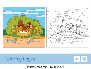 Colored template and colorless contour image of brood chicken sitting on eggs in nestle on countryside farm bird yard with garden background. Domestic animals preschool kids coloring book.