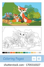 Colored template and colorless contour image of a mother fox and two baby foxes sitting in a wood under the bushes. Wild animals preschool kids coloring book illustrations and developmental activity.