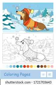 Colored template and colorless contour image of a dog in winter clothes playing with snowflakes on white background. Wild animals preschool kids coloring book illustrations and developmental activity.