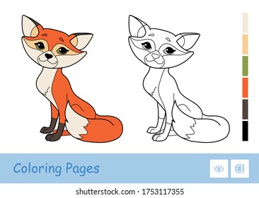 Colored template and colorless contour image of a mother fox isolated on white background. Wild animals preschool kids coloring book illustrations and developmental activity.