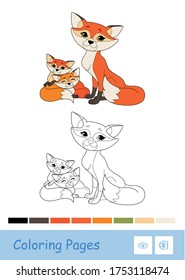 Colored template and colorless contour image of a mother fox and two baby foxes isolated on white background. Wild animals preschool kids coloring book illustrations and developmental activity.