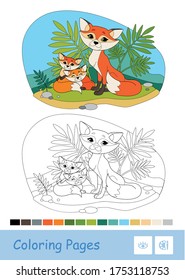 Colored template and colorless contour image of a mother fox and two baby foxes sitting in a wood under the bushes on white background. Wild animals preschool kids coloring book illustrations.