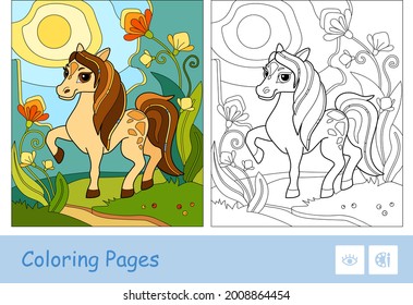 Plantilla de color e imagen de contorno incoloro de un caballo oscurecido en el prado. Animales agrícolas niños preescolares coloreando ilustraciones de libros.