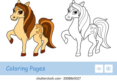 Colored template and colorless contour image of a skewbald horse isolated on white background. Farm animals preschool kids coloring book illustrations and developmental activity.