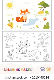 Plantilla de color e imagen de contorno incoloro de un zorro sentado cerca del arroyo forestal. Niños de preescolar de animales salvajes coloreando ilustraciones de libros.