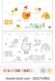 Colored template and colorless contour image of a cartoony chick walking on countryside farm birdyard. Domestic animals preschool kids coloring book.