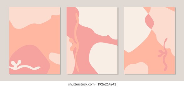 Colored templates with abstract shapes in delicate pink pastel colors. Fashionable modern stylish flyer, postcard, brochure, leaflet, business card, interior decor. Vector graphics.