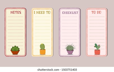 Colored templates for notes with drawings of cute cacti. Vector illustration