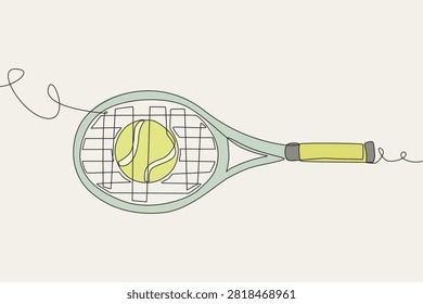 Colored Tennis racket and ball. Tennis doodle concept one-line drawing