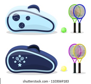 Colored tennis rackets with yellow, green  balls set. Flat cartoons style vector illustration icons. Isolated on white background. Tennis gear for game. Tennis equipments, accessories bag, backpack