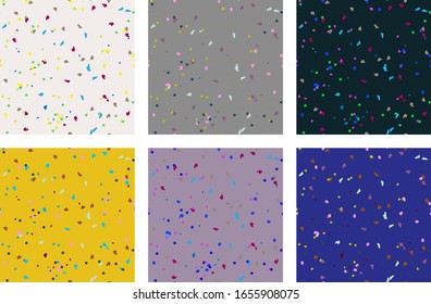 Colored terrazzo set. Marble, granite, stone crumb. Vector seamless pattern