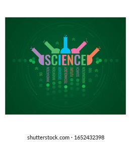 colored test tubes and the word science. innovation, invention, discover, technology, future, search, imagination and science concept. futuristic science concept