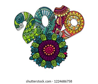 Colored text 2019 and abstract mandala flower. Zentangle vector lettering dedicated to new year celebration