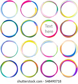 Colored text blobs from overlapping circles; Arcs rounded multicolored banners, Swirled circular medals and labels; Set of text frames; Vector icons Eps10