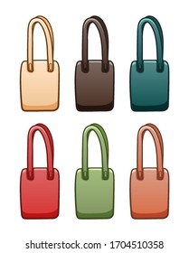 Los ecobags textiles coloreados constituyen una ilustración aislada. Fondo blanco, vector.