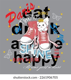 colored texts suitable for textile printing pattern consisting of shoes and cat figures gray background