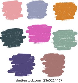 
Pinceladas de pincel de textura coloreadas, pintura antigua, pegatinas, fondo. Conjunto vectorial de elementos.