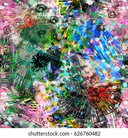 Colored texture with chaotic different elements. Abstract seamless background for fabric, wrapping, home decor. Watercolor effect.