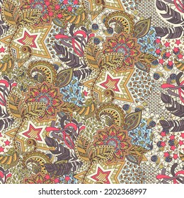 Colored texture with a complex pattern of stars, leaves, flowers and fish. Vector background with hand made pattern. 