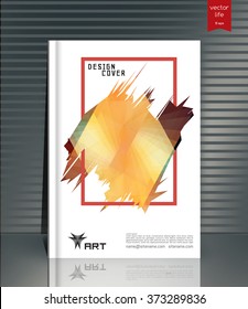 Colored texture in the frame. Blank vertical hardcover book template with red bookmark standing on gray surface. Vector illustration.