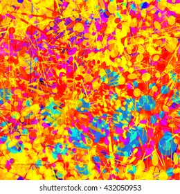 Colored texture. Ovals, straight thin lines, scratches, shapeless spots. Randomly mixed. Transparency, overlay, overlap. Easy editing. Watercolor effect. Seamless abstract vector pattern.