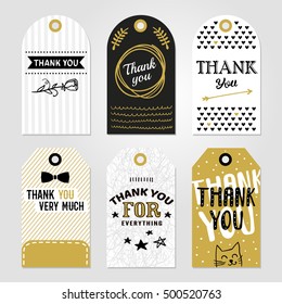 Colored thank you tag set in different shapes with thank you very much thank you for everything vector illustration