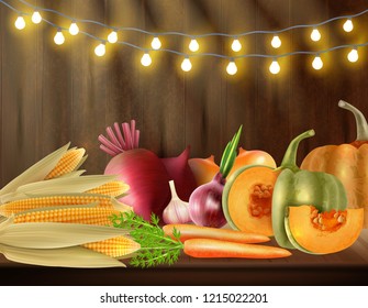 Colored Thanksgiving day background with vegetable still life on the table and lights at the top vector illustration
