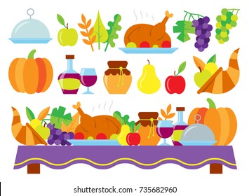Colored Thanksgiving day card. Food for thanksgiving dinner on the holiday table. Nature, dishes, turkey, fruit and vegetable gift isolated on white background. Web, banner concept vector illustration