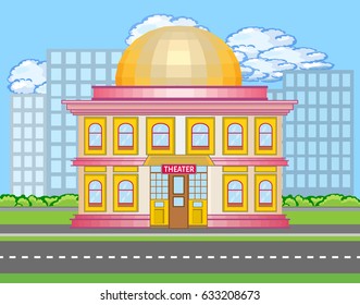 Colored theater building near the road with shrubs and city silhouette. Vector illustration in flat style with outlined stroke