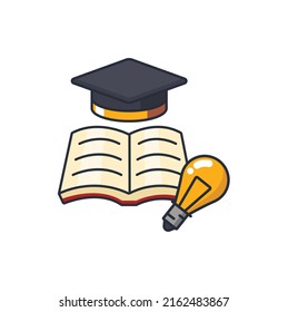 Colored thin icon of book lightbulb and graduated cap, education concept vector illustration.