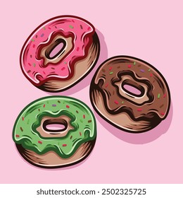 colored three donuts modern logo cartoon coloring vector vintage classic illustration style