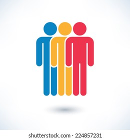 Colored three people (man figure) with gray drop shadow isolated on white background in simple flat style. Graphic clip-art design elements save in vector illustration 8 eps