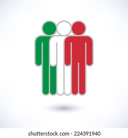 Colored three people painted in colors of National Flag of Italy country (man figure). Information sign with gray shadow isolated on white background. Design elements in vector illustration 8 eps