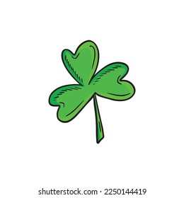Colored three-leaf clover isolated on white background. Hand drawn vector sketch illustration in doodle engraved vintage outline style. St. Patrick's day, lucky, botanical, plant, leaves, fortune