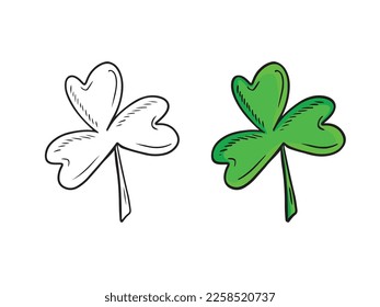 Colored three-leaf clover isolated on white background. Hand drawn vector sketch illustration in doodle engraved vintage outline style. St. Patrick's day, lucky, botanical, plant, leaves, fortune